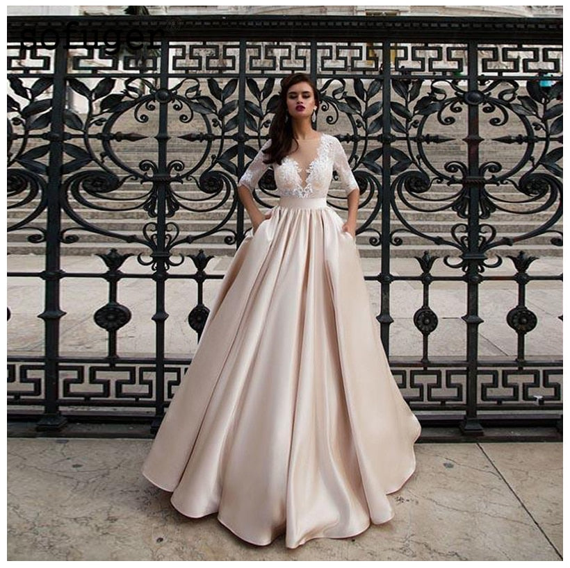 Champagne Wedding Dresses With Pocket Vestido Noiva Elegant Satin Lace – McManus Family Jewelery