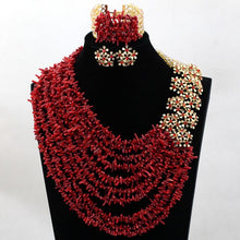 Load image into Gallery viewer, Fantastic Red African Wedding Coral Beads Jewlery Set Champagne Gold Bridal Necklace Earrings Set New Free Shipping HX774