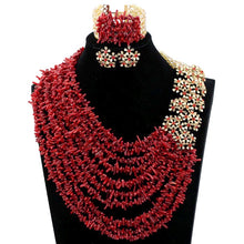 Load image into Gallery viewer, Fantastic Red African Wedding Coral Beads Jewlery Set Champagne Gold Bridal Necklace Earrings Set New Free Shipping HX774