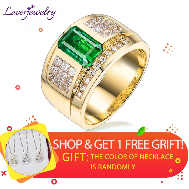 2019 Rings For Men Luxurious Natural Colombia Emerald Women Lovers' Ring Real 14Kt Yellow Gold Wedding Genuine Diamonds Jewelry