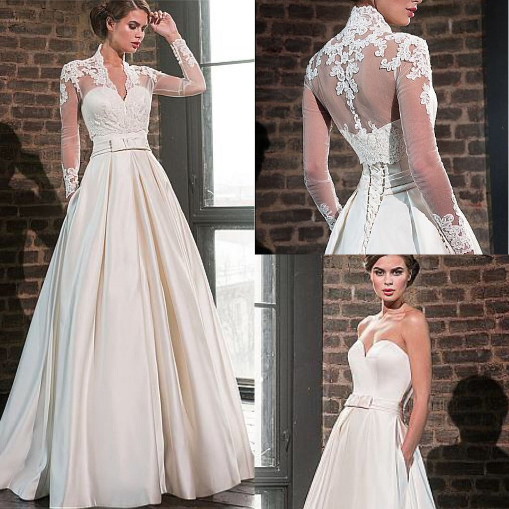 Elegant Sweetheart Satin Wedding Dress with Jacket Long Sleeve Floor L – McManus Family Jewelery Elegant Sweetheart Satin Wedding Dress with Jacket Long Sleeve Floor L – McManus Family Jewelery