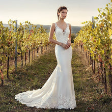 Load image into Gallery viewer, Eightale Boho Wedding Dress Mermaid 2019 Appliques Lace Chiffon Buttons V-Neck Custom Made Bohemian Wedding Gowns Bride Dresses