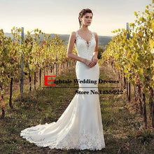 Load image into Gallery viewer, Eightale Boho Wedding Dress Mermaid 2019 Appliques Lace Chiffon Buttons V-Neck Custom Made Bohemian Wedding Gowns Bride Dresses
