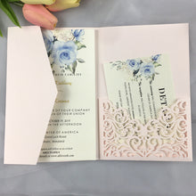 Load image into Gallery viewer, Free Drop Shipping Sample White blue Laser Cut tri-fold Wedding Invitation Cards Kit Personalized Pocket Invite Customized RSVP