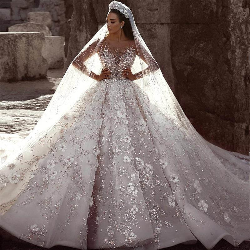 Vestidos De Novia 2019 Arabic Luxury Beaded Wedding Dress Long Sleeves Floral Applique Wedding Bridal Gowns robe de mariee