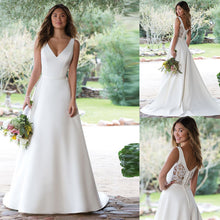 Load image into Gallery viewer, Satin Wedding Dresses 2019 A Line V Neck White Ivory Illusion Button Wedding Bridal Gowns Vestido De Noiva Court Train