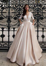 Load image into Gallery viewer, Champagne Wedding Dresses With Pocket Vestido Noiva Elegant Satin Lace Half Sleeves Bridal Dress Floor Length Wedding Gowns 2020