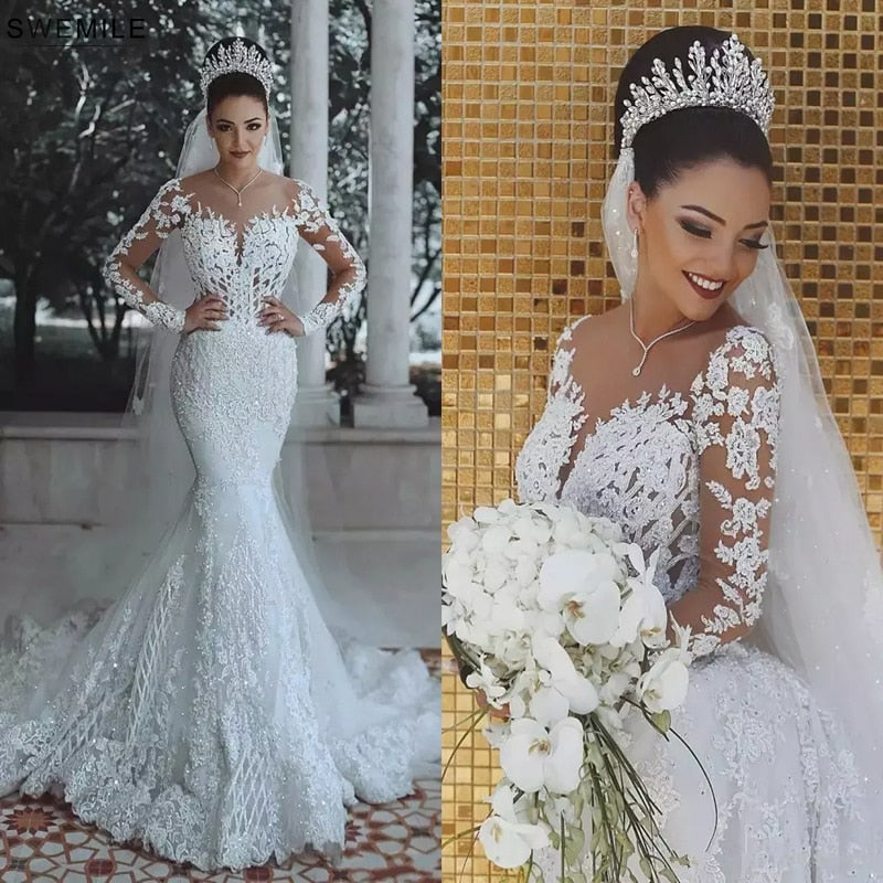 Luxury Dubai Saudi Arabic Lace Mermaid Wedding Dress Sexy Illusion Long Sleeve Bride Dresses Crystals Beads Wedding Gowns