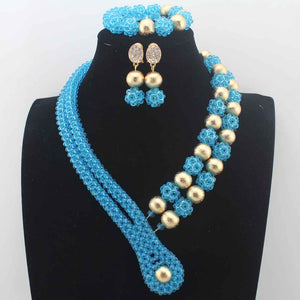 2019Latest Nigerian wedding Party Beads Women Choker Necklace/Earrings Jewlery Set Blue Crystal African beads Jewelry SetsW14005
