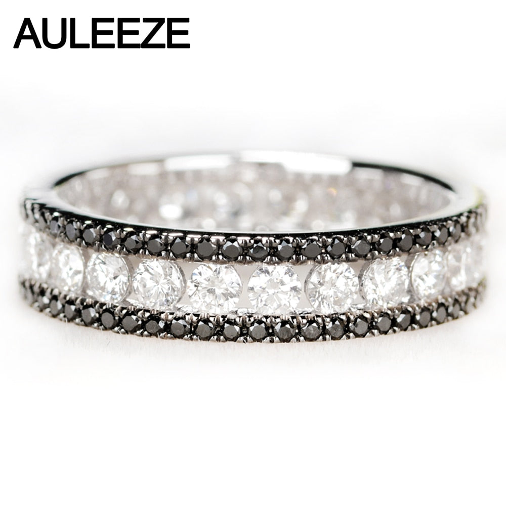 AULEEZE Luxury 1.6cttw Black White Real Diamond Ring Au750 18k White Gold Natural Diamond Wedding Engagement Ring Eternal Band