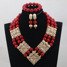 Load image into Gallery viewer, Luxury Red Coral Beads Jewellery Sets Gold Pendant Statement Chunky Necklace Set 2017 Bride Jewlery Free Shipping WD913