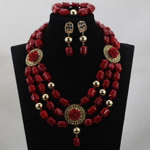 Load image into Gallery viewer, Luxury Red Coral Beads Jewellery Sets Gold Pendant Statement Chunky Necklace Set 2017 Bride Jewlery Free Shipping WD913