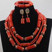 Load image into Gallery viewer, Luxury Red Coral Beads Jewellery Sets Gold Pendant Statement Chunky Necklace Set 2017 Bride Jewlery Free Shipping WD913