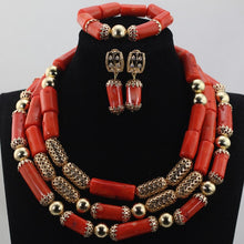 Load image into Gallery viewer, Luxury Red Coral Beads Jewellery Sets Gold Pendant Statement Chunky Necklace Set 2017 Bride Jewlery Free Shipping WD913