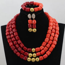 Load image into Gallery viewer, Luxury Red Coral Beads Jewellery Sets Gold Pendant Statement Chunky Necklace Set 2017 Bride Jewlery Free Shipping WD913