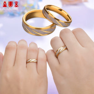 Auxauxme Titanium Steel Lovers Couple Rings Gold Wave Pattern Wedding Promise Ring For Women Men Engagement Jewelry Party Gift