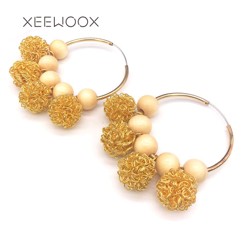Big Circle Big Golden Color Wire Ball Wooden Bead Acrylic Block Long Statement Woman Man Girl Drop Earring XEEWOOX Design