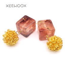 Load image into Gallery viewer, 2019 New Design Big Golden Color Wire Ball Pink Brown Acrylic Block Long Statement Woman Man Girl Drop Earring XEEWOOX Creative