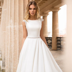 LORIE Satin Wedding Dress Cap Sleeves Lace Appliques Beach Bride Dress –  McManus Family Jewelery